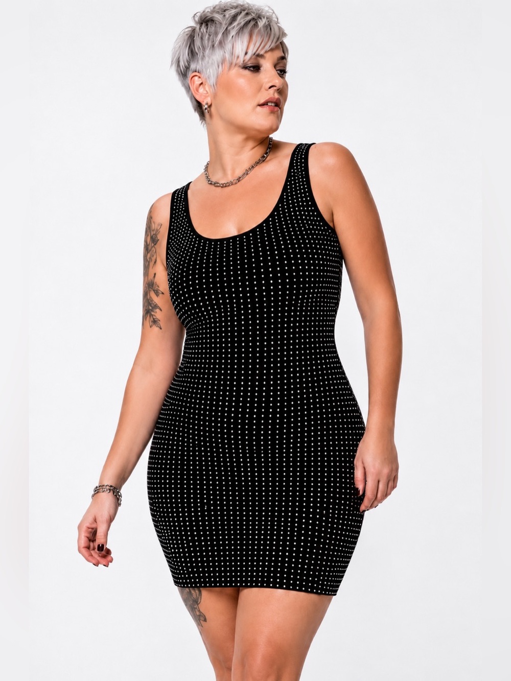 Vintage Y2K Rock & Republic Black Studded Grid Snug Bodycon Tank Dress - Size L